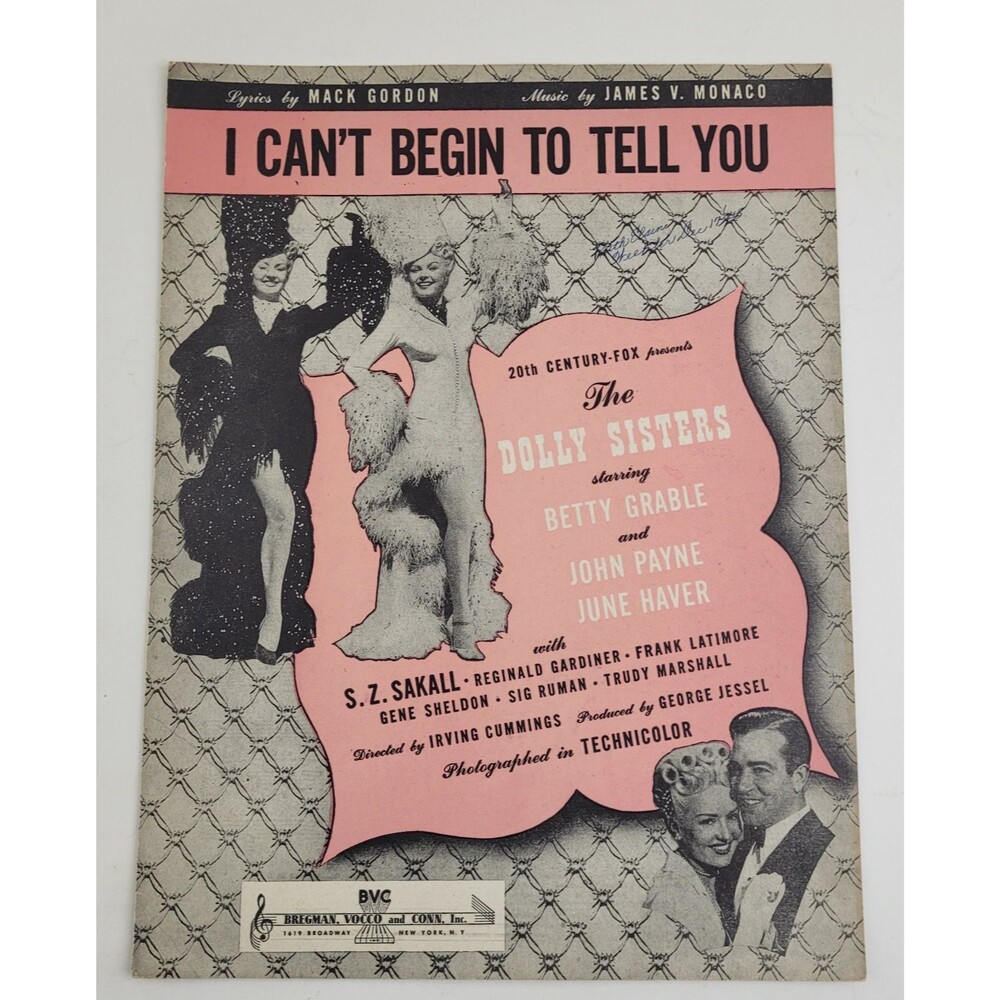 VTG 1945 I Can't Begin to Tell You Dolly Sisters Betty Grable Sheet Music
